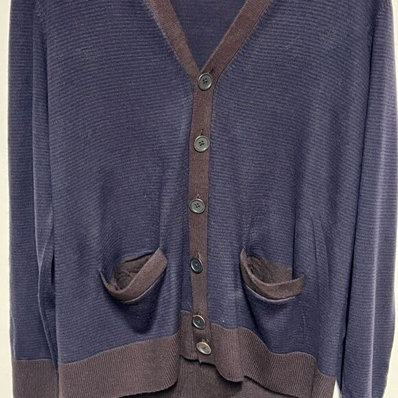 CARDIGAN Brand 100% Merino Wool Boyfriend Button Cardigan Navy/ Brown Sz L - Picture 3 of 5